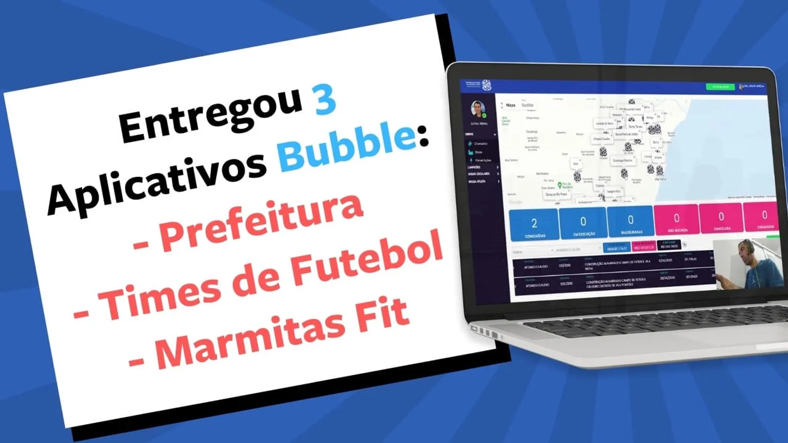 Ele entregou 3 aplicativos Bubble: Secretaria de Esportes, Times de Futebol e Comidas Fit