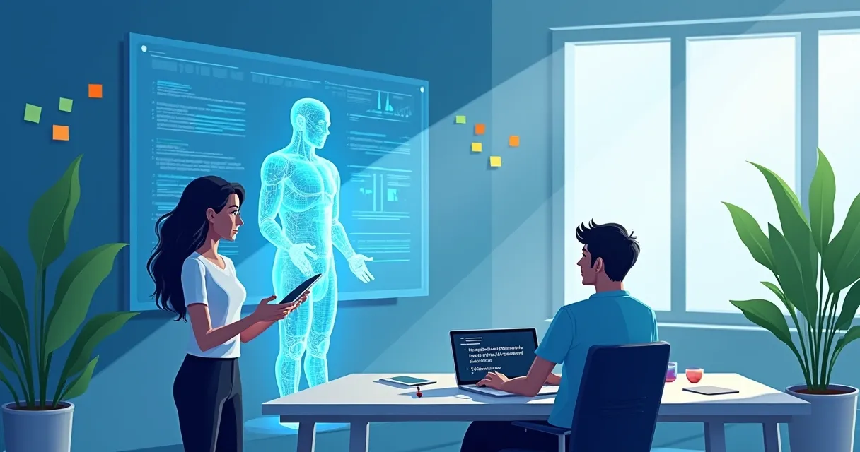 Ambiente de escritório moderno com holograma de assistente virtual interagindo com uma pessoa e uma tela de dados ao fundo.