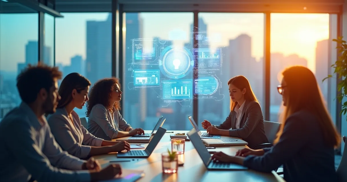 Profissionais em um escritório moderno colaborando com assistente de IA holográfico e dispositivos digitais.