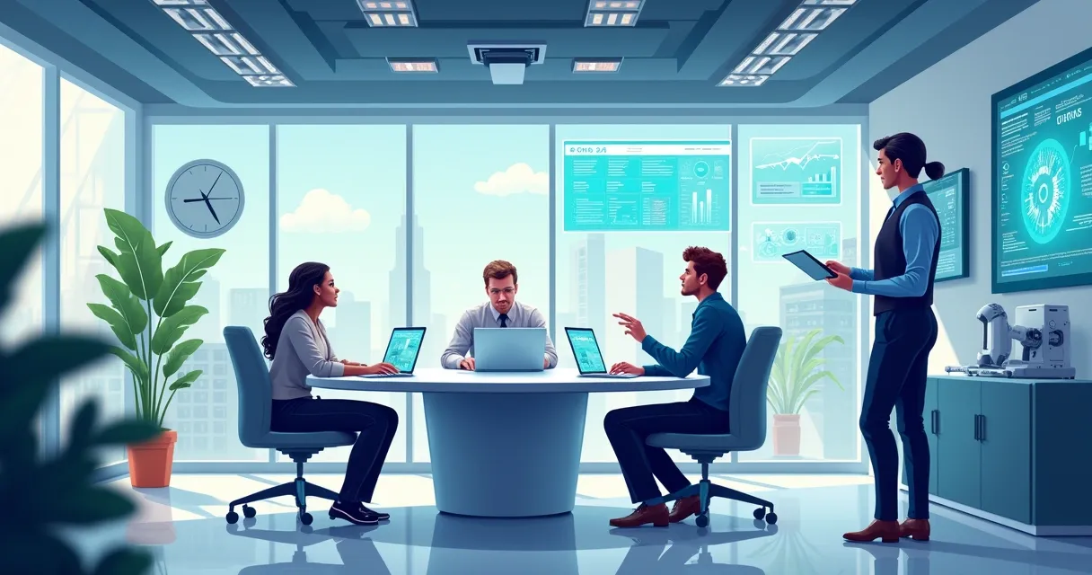 Escritório futurista com agentes de IA auxiliando profissionais em reuniões, gráficos holográficos e ambiente iluminado.