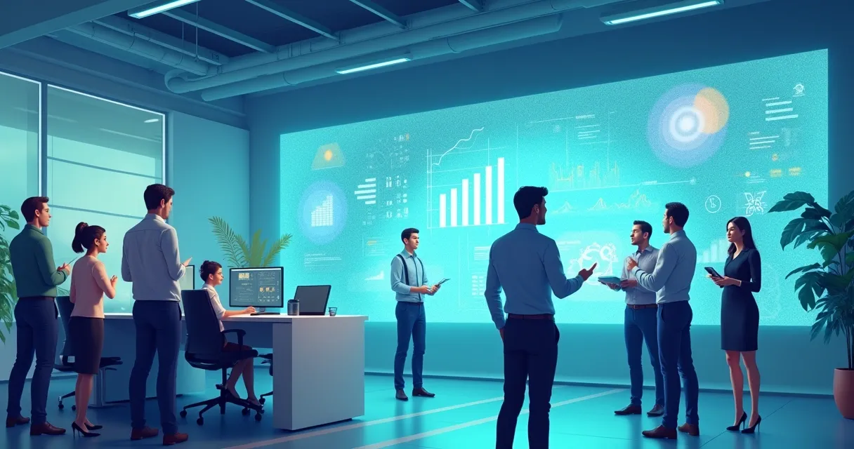 Ambiente moderno de escritório com agentes de IA interagindo com profissionais em holograma.