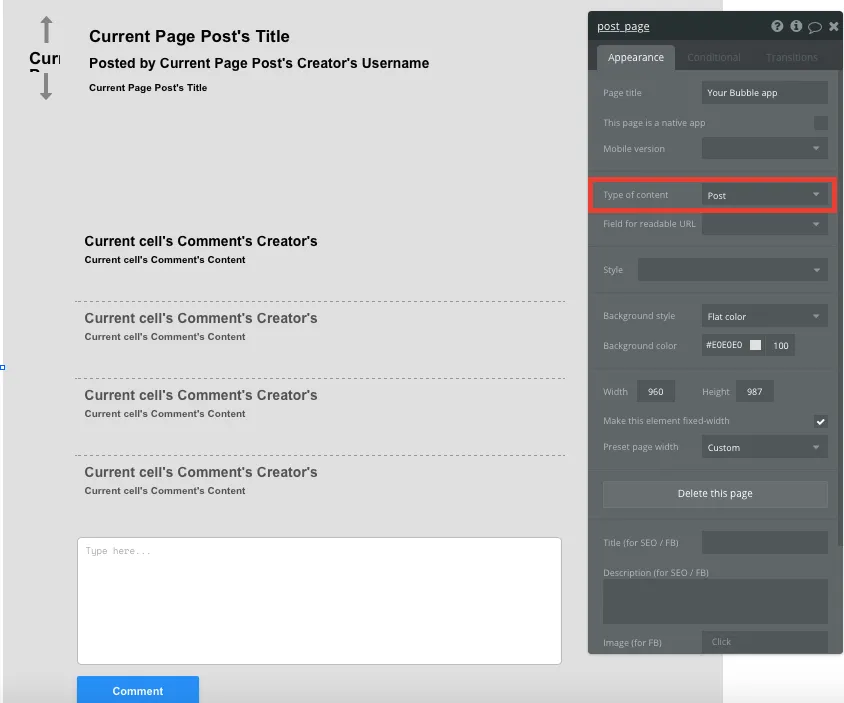 Bubble No Code Reddit Clone Post Page Type