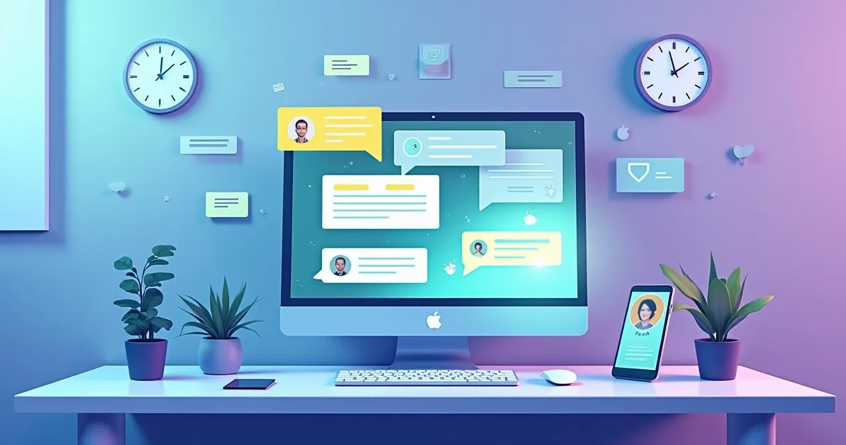 Interface of a virtual assistant with chatbot conversation on a modern desk, displaying customer interactions.