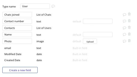 Tipos de dados e campos para criar um app de mensagens tipo whatsapp