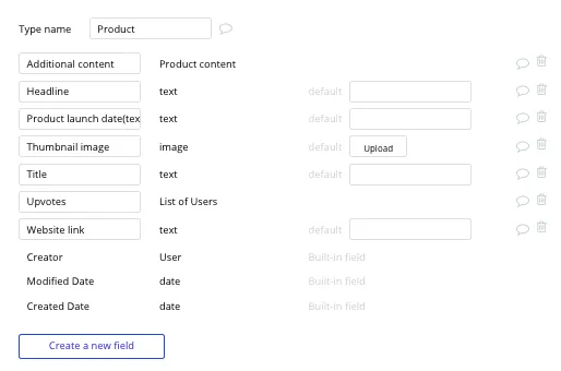 Criando Product Hunt no Bubble - Tipos de dados e campos