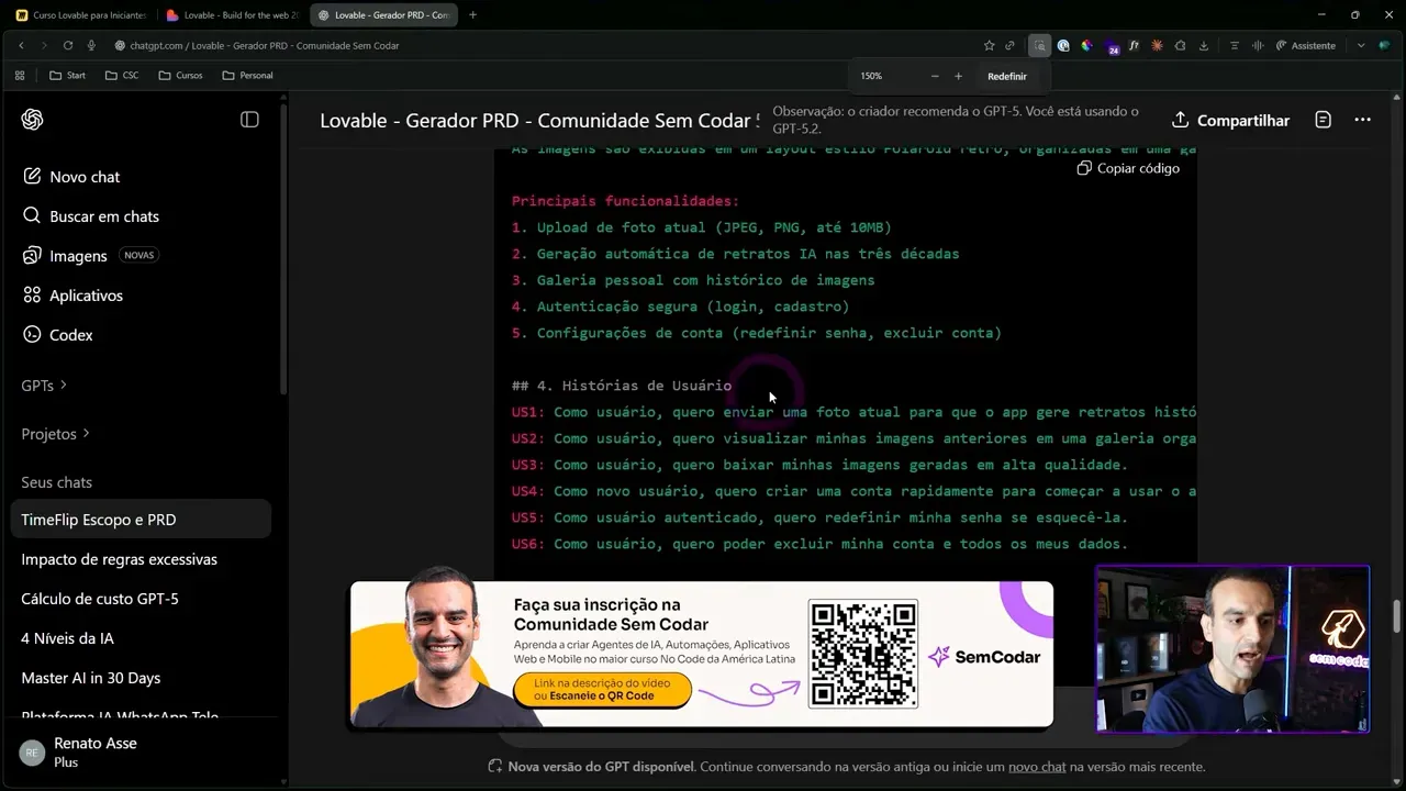 Documento de requisitos e histórias de usuário no Lovable