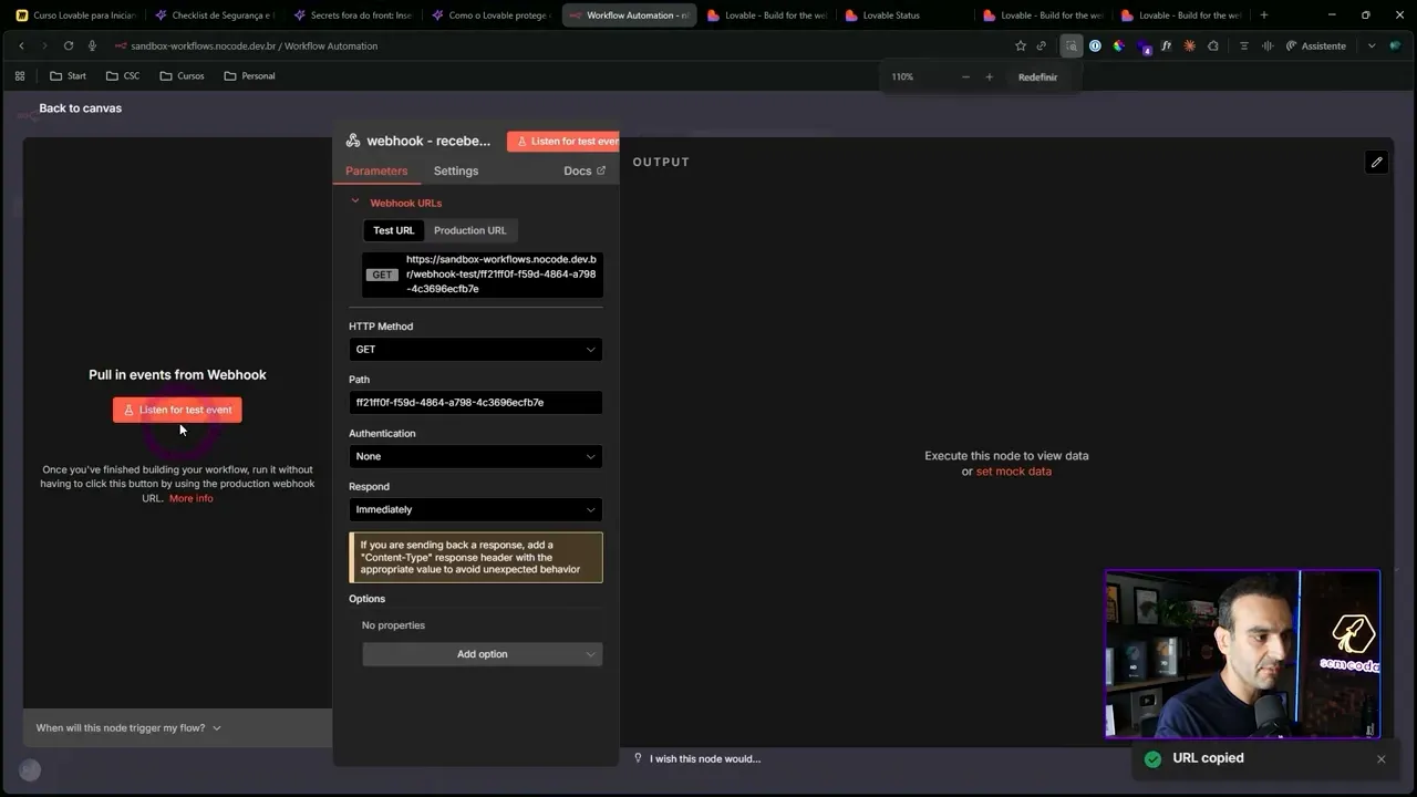 Interface de configuração do Webhook no n8n