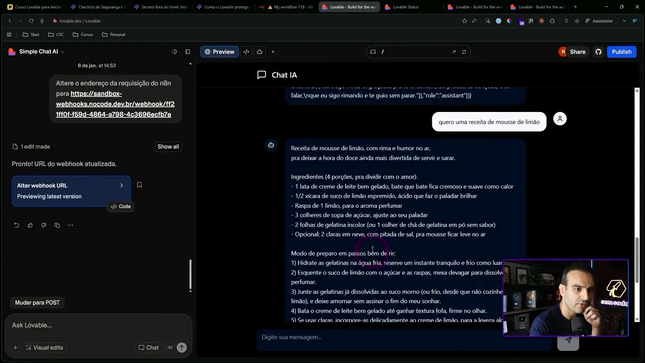 Chat funcional recebendo dados processados pelo n8n