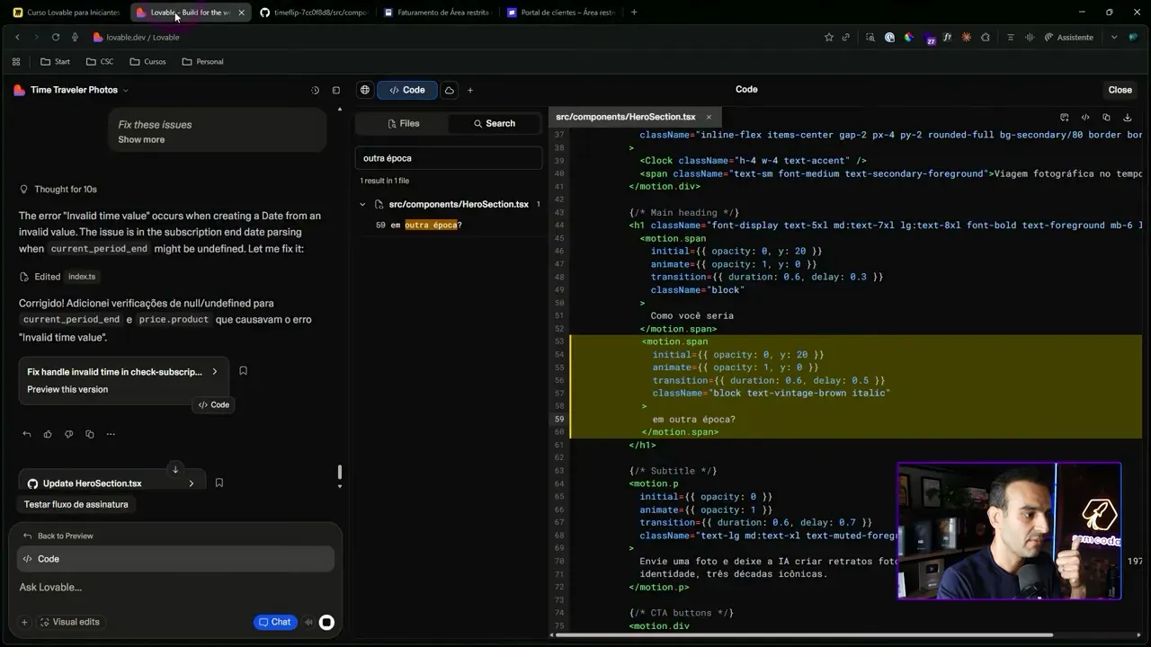 Tela dividida mostrando o painel do Lovable à esquerda e o editor do GitHub com o arquivo src/components/HeroSection.tsx aberto à direita.