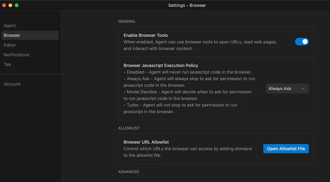 Configurações de Allowlist do navegador