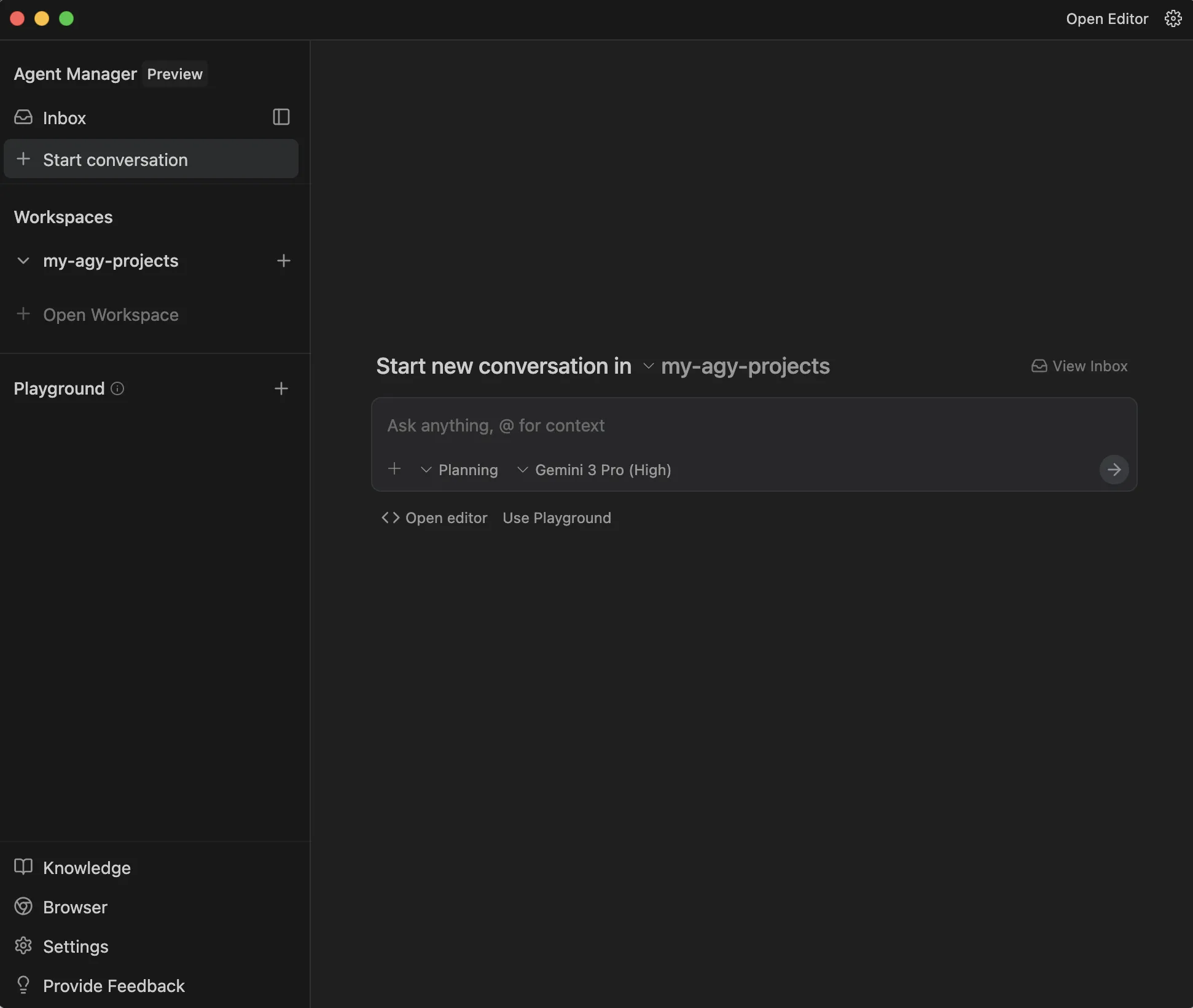Tela principal do Agent Manager com Workspace aberto