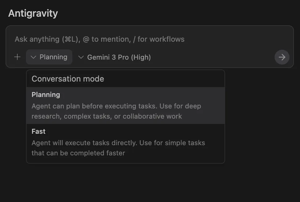 Seleção de modo Planning ou Fast