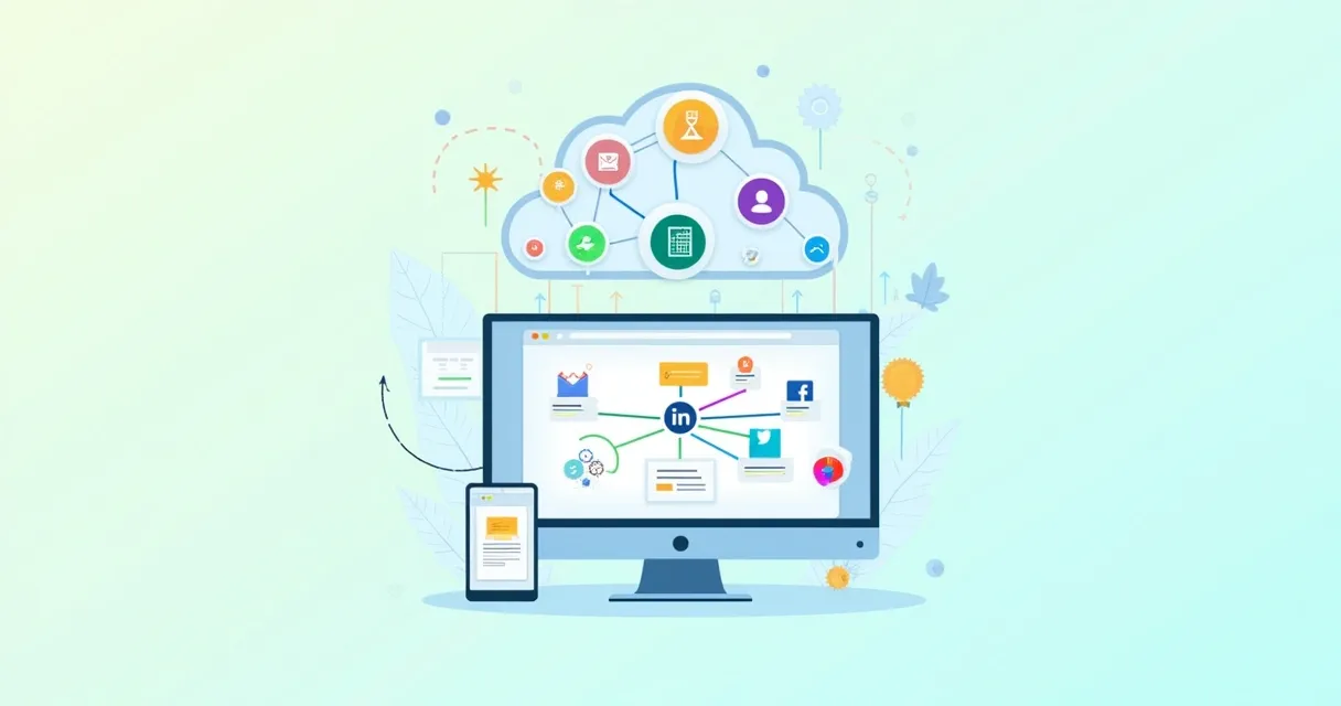 Ilustração de uma interface do n8n com ícones de automação conectados, em um ambiente digital vibrante.