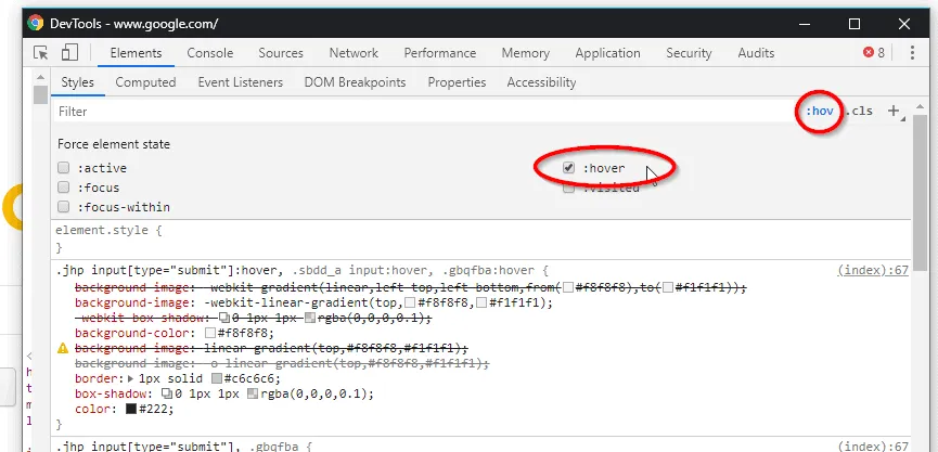 DevTools hover states