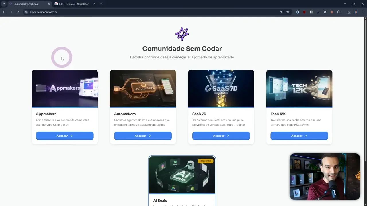 Tela da Comunidade Sem Codar com trilhas de cursos App Makers, Automakers, SaaS 7D e Tech 12K