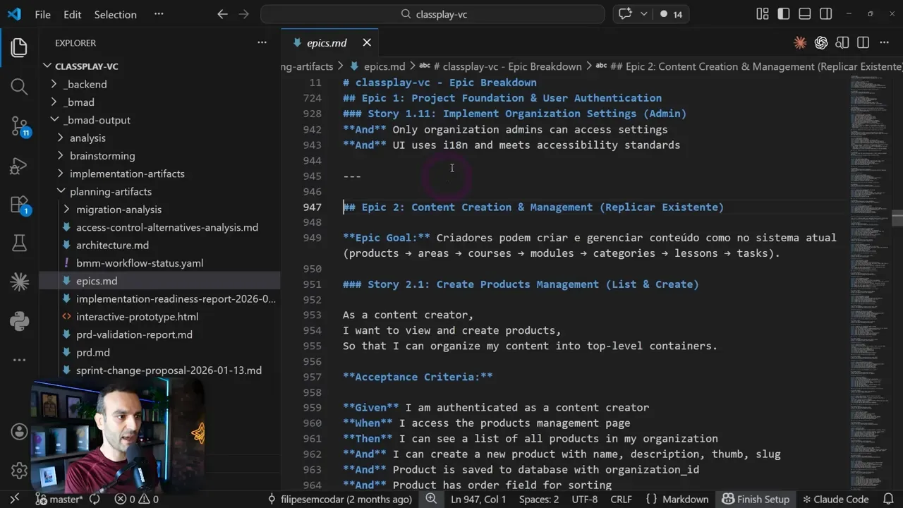 epics.md com Story 2.1 e seção Acceptance Criteria detalhada