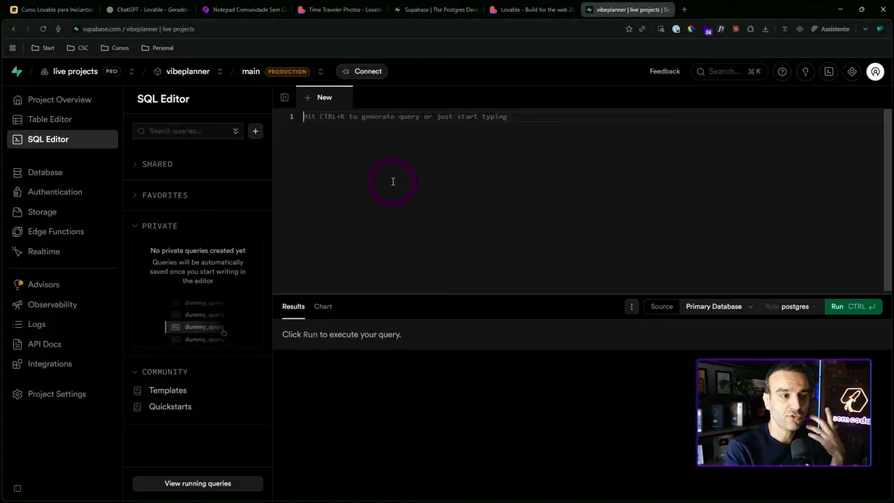 Editor SQL do Supabase com área de consulta e resultados