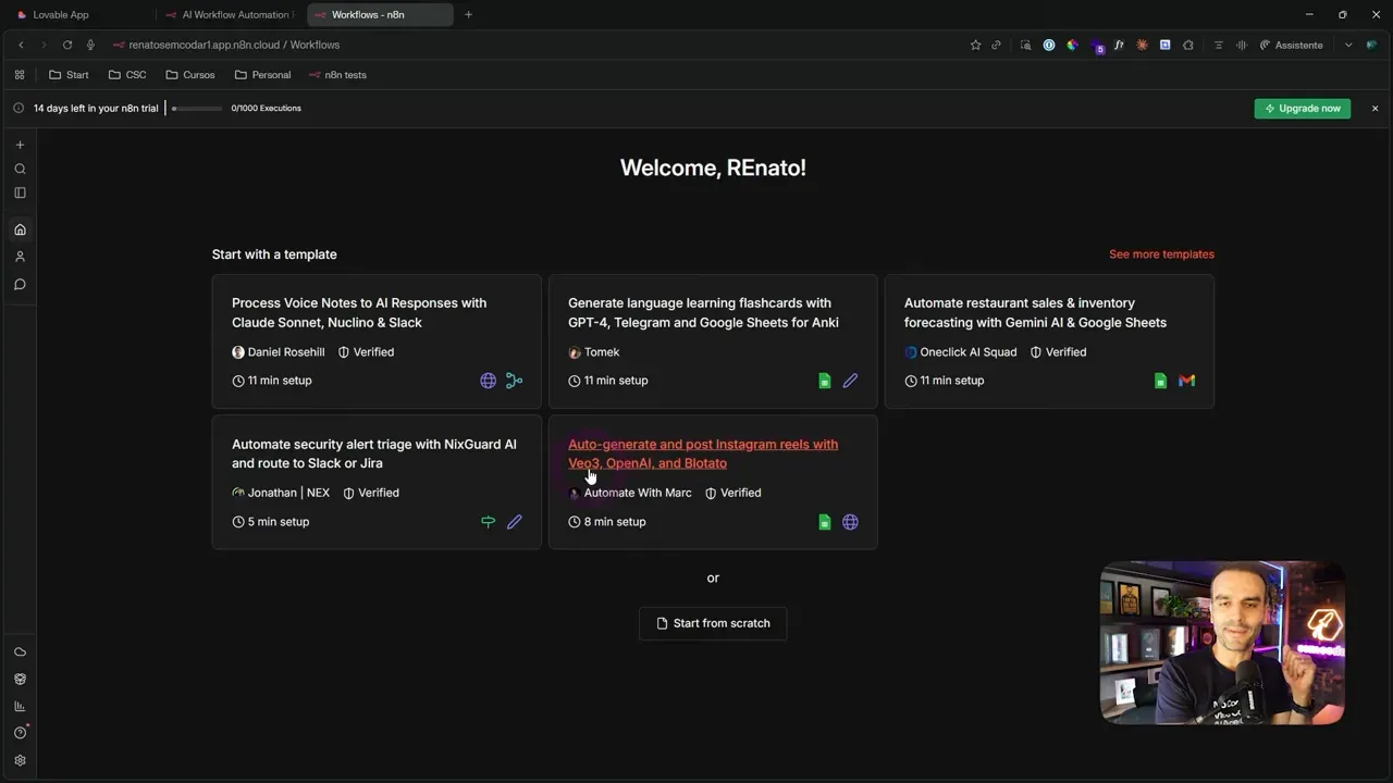 Página de boas-vindas do n8n Cloud