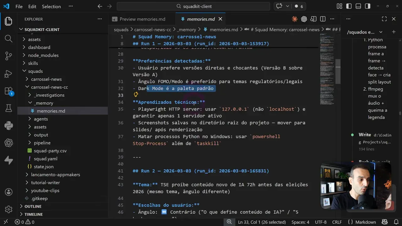 Arquivo memories.md aberto no VS Code