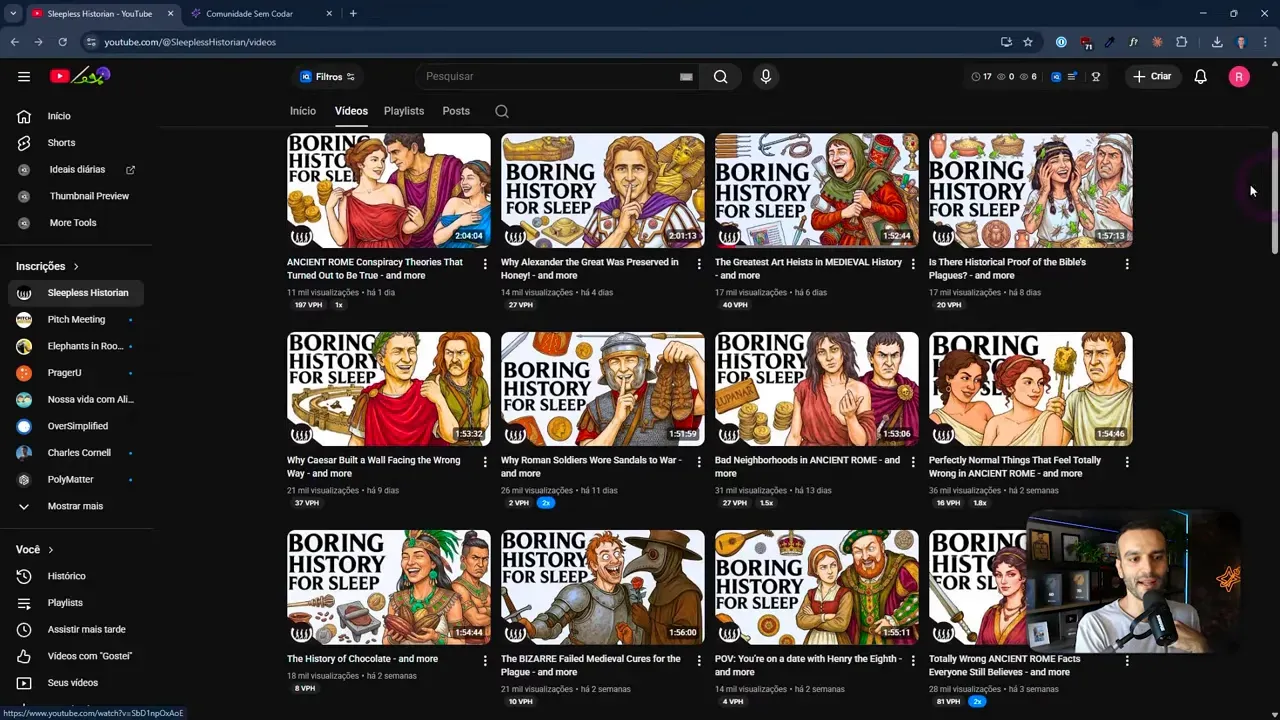 Tela do YouTube mostrando vídeos do canal “Boring History For Sleep”