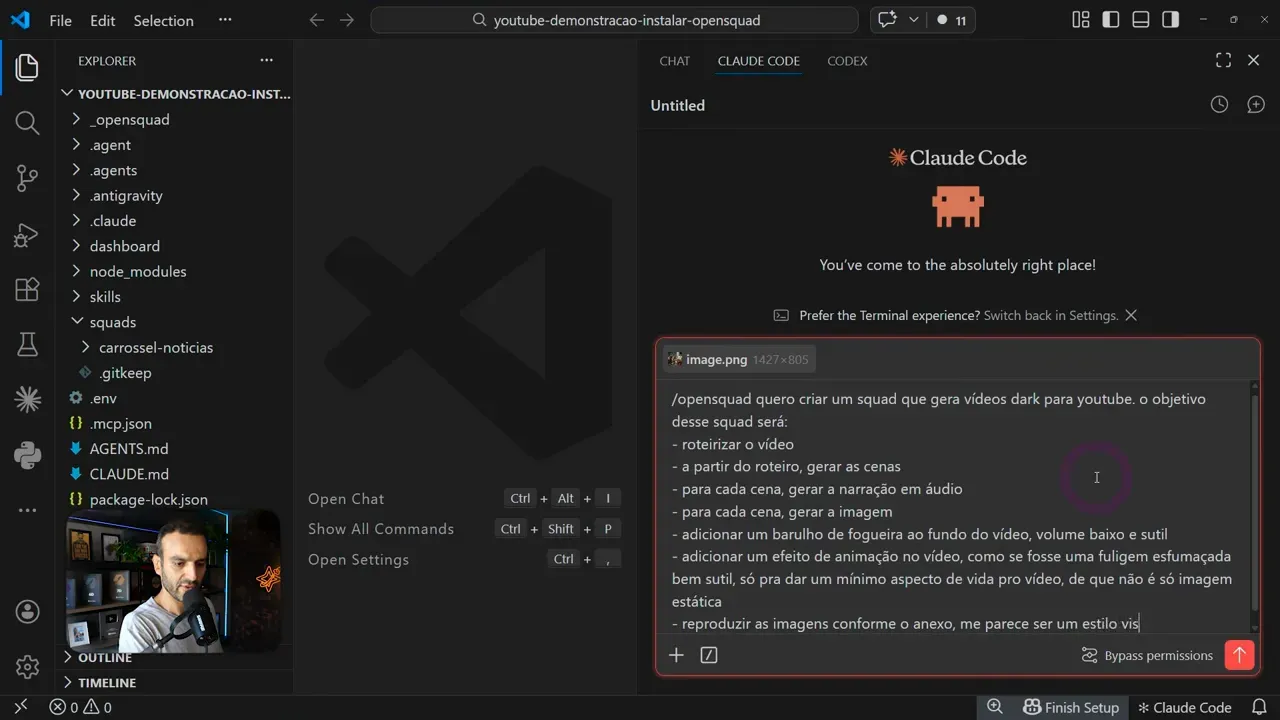 Prompt no Claude Code orientando o estilo no OpenSquad