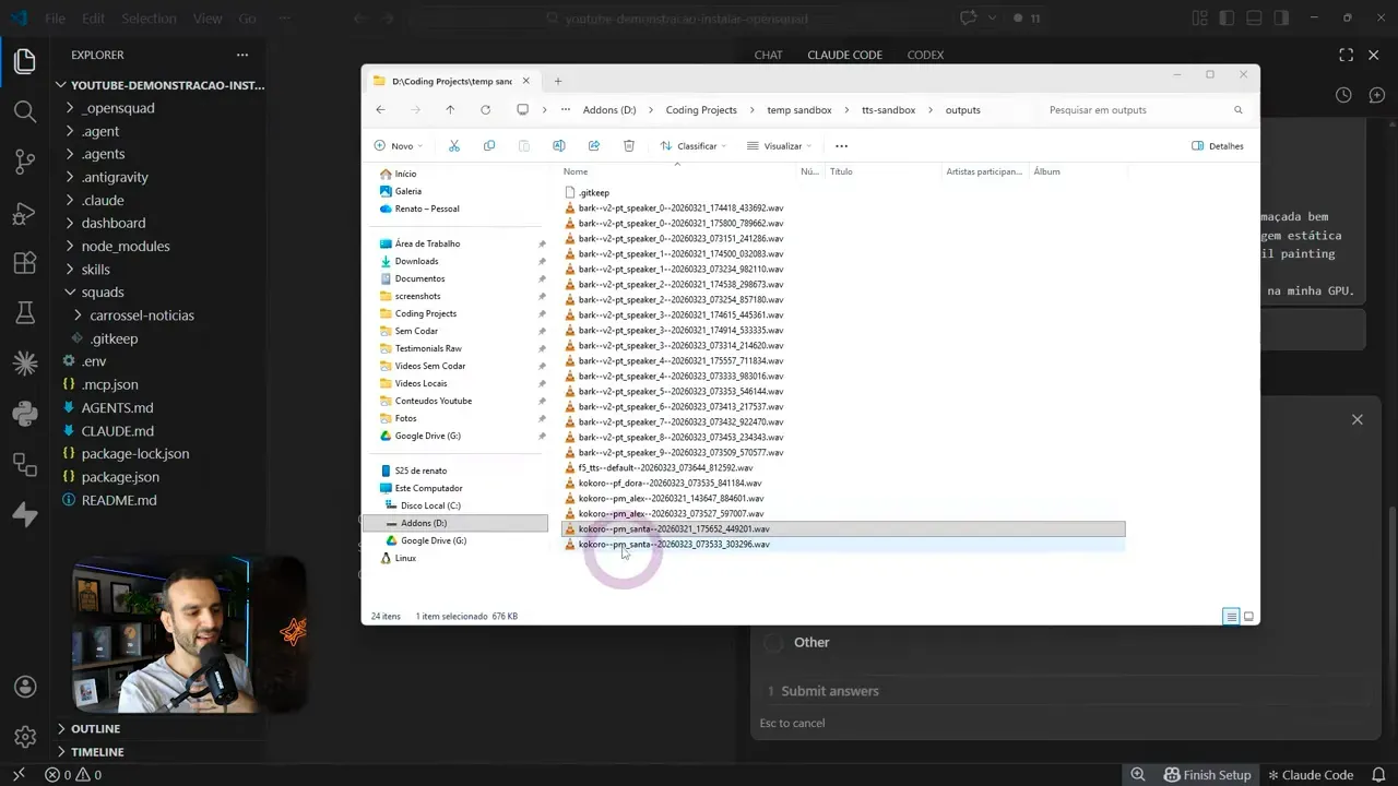 Seleção de arquivos wav na pasta outputs do OpenSquad