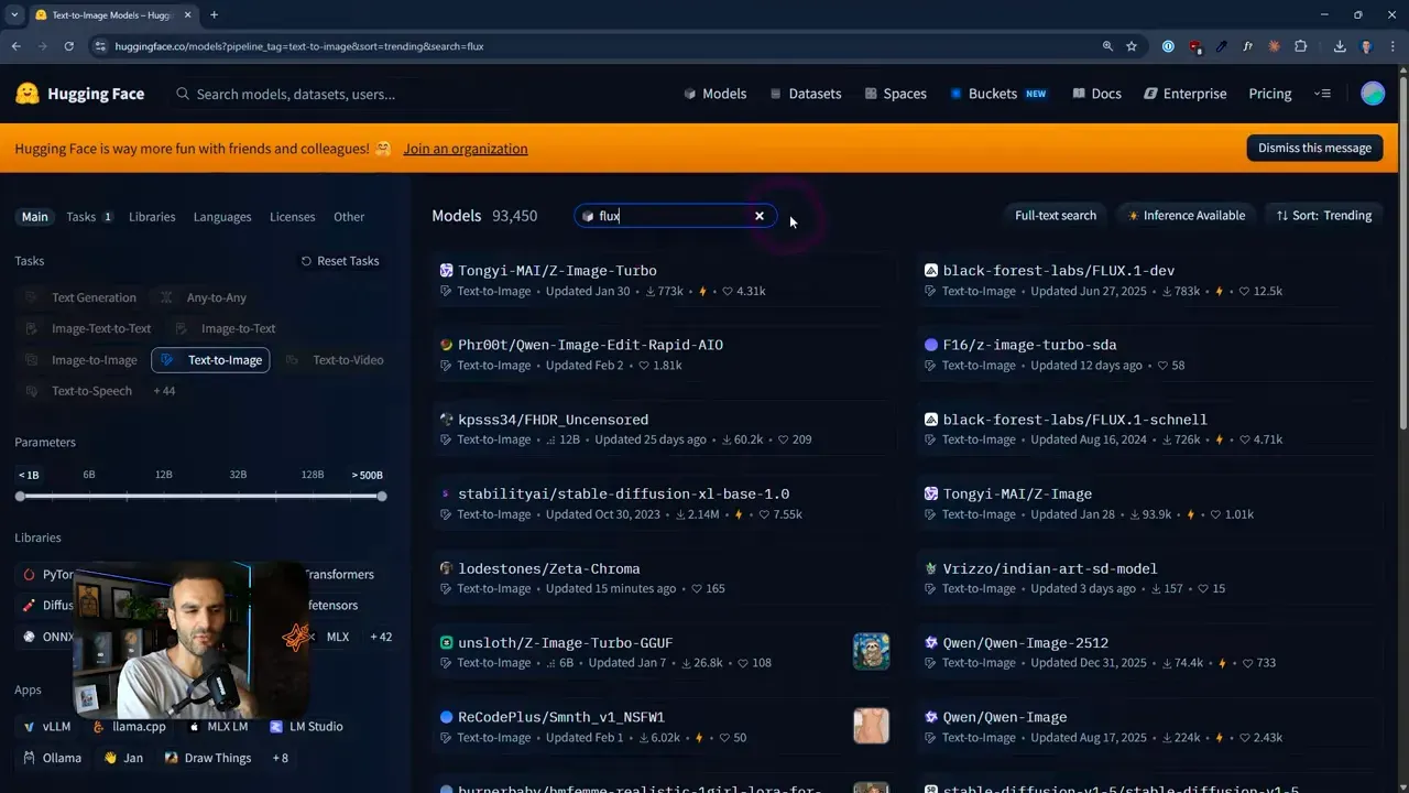 Pesquisa no Hugging Face pelo termo flux