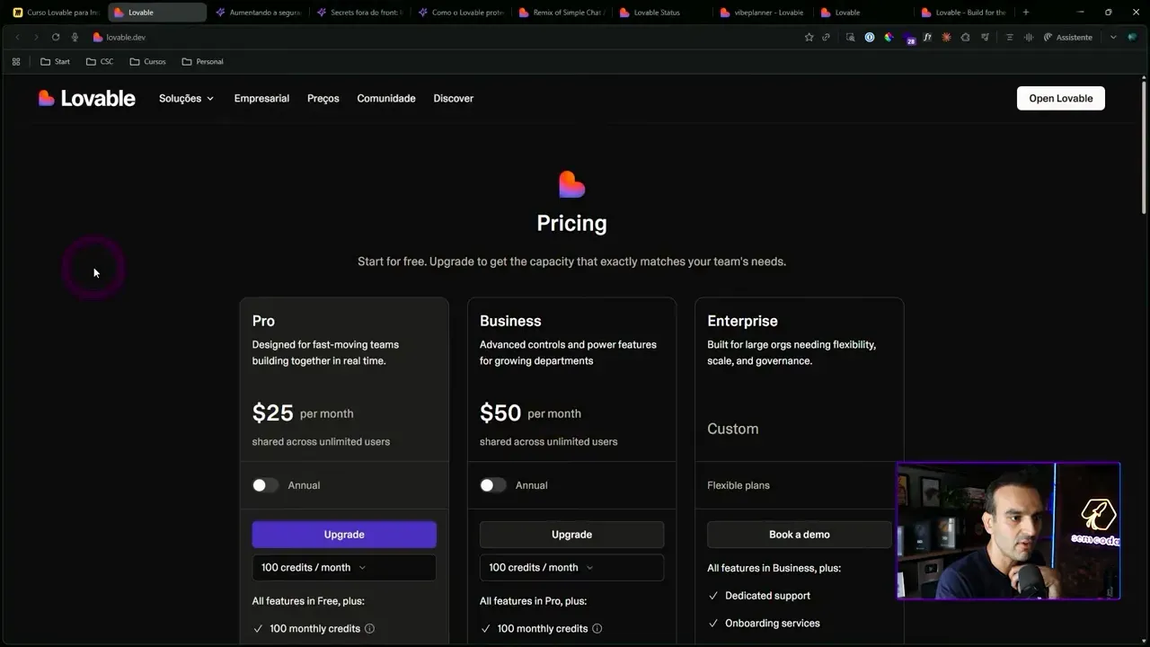 Cabeçalho Pricing do Lovable com os cartões Pro, Business e Enterprise claramente visíveis