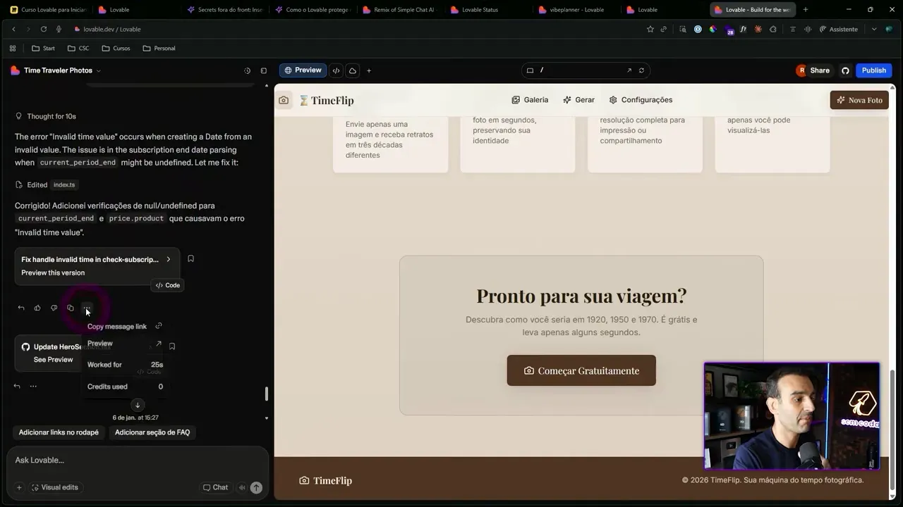 Painel Lovable com tooltip indicando Credits used: 0, mostrando que a correção da requisição Stripe não teve custo.
