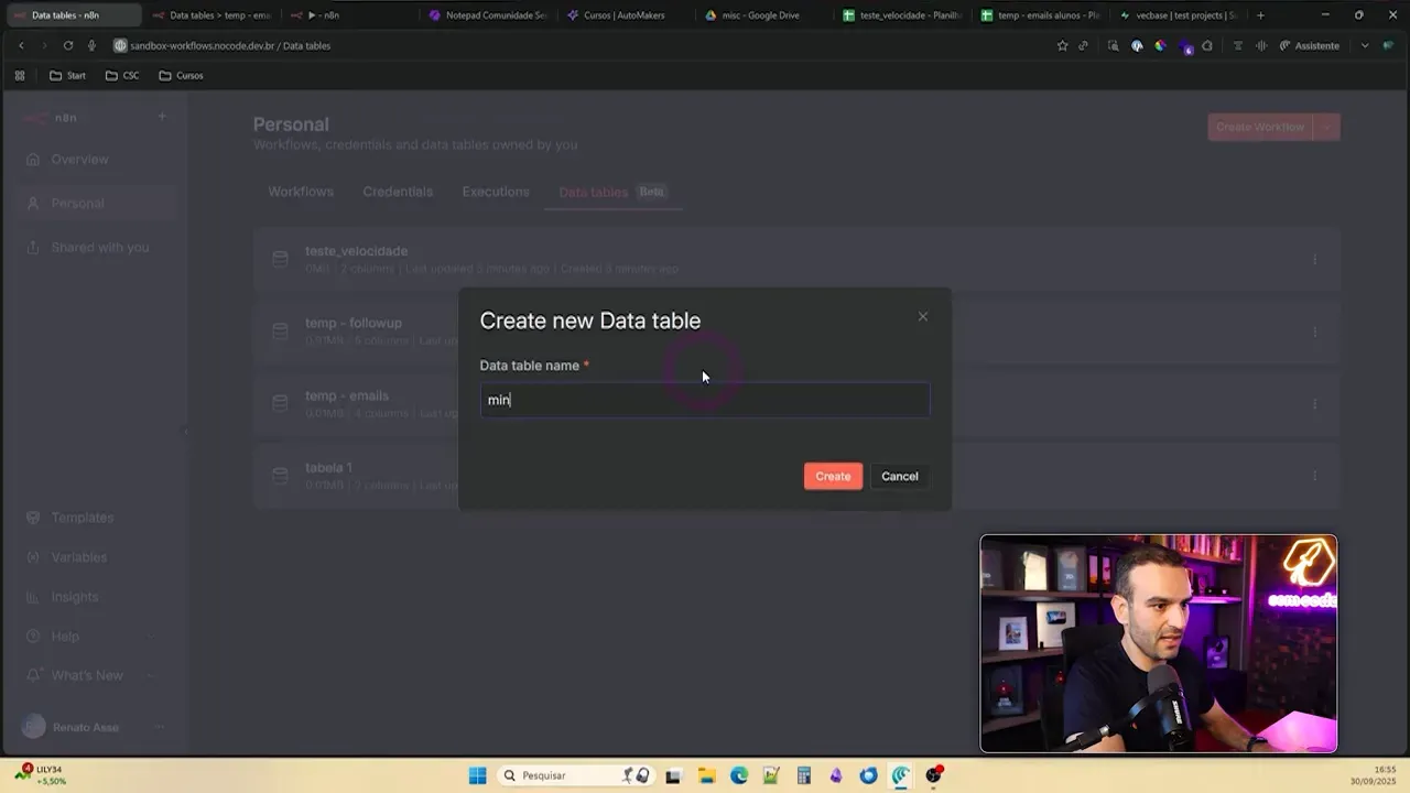 Modal no N8N para criar uma nova Data table com campo de nome e botões Create e Cancel