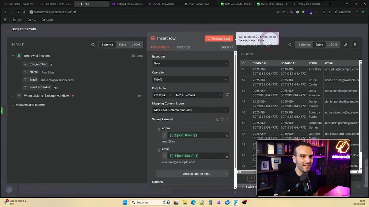Registros preenchidos na DataTable do N8N após executar o node Insert row