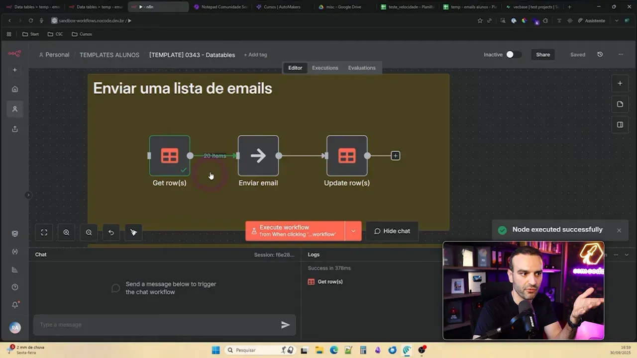 Execução do workflow no N8N mostrando update de linhas na DataTable