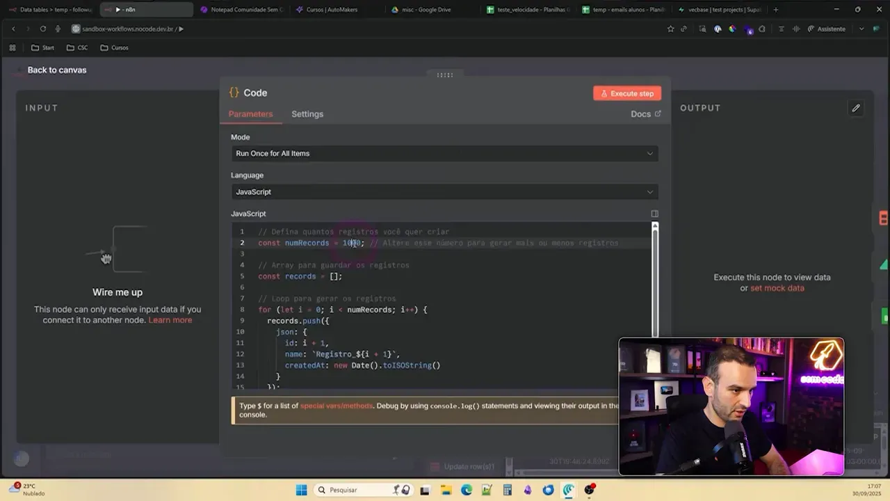 Node Code no N8N gerando registros para teste de velocidade com DataTables