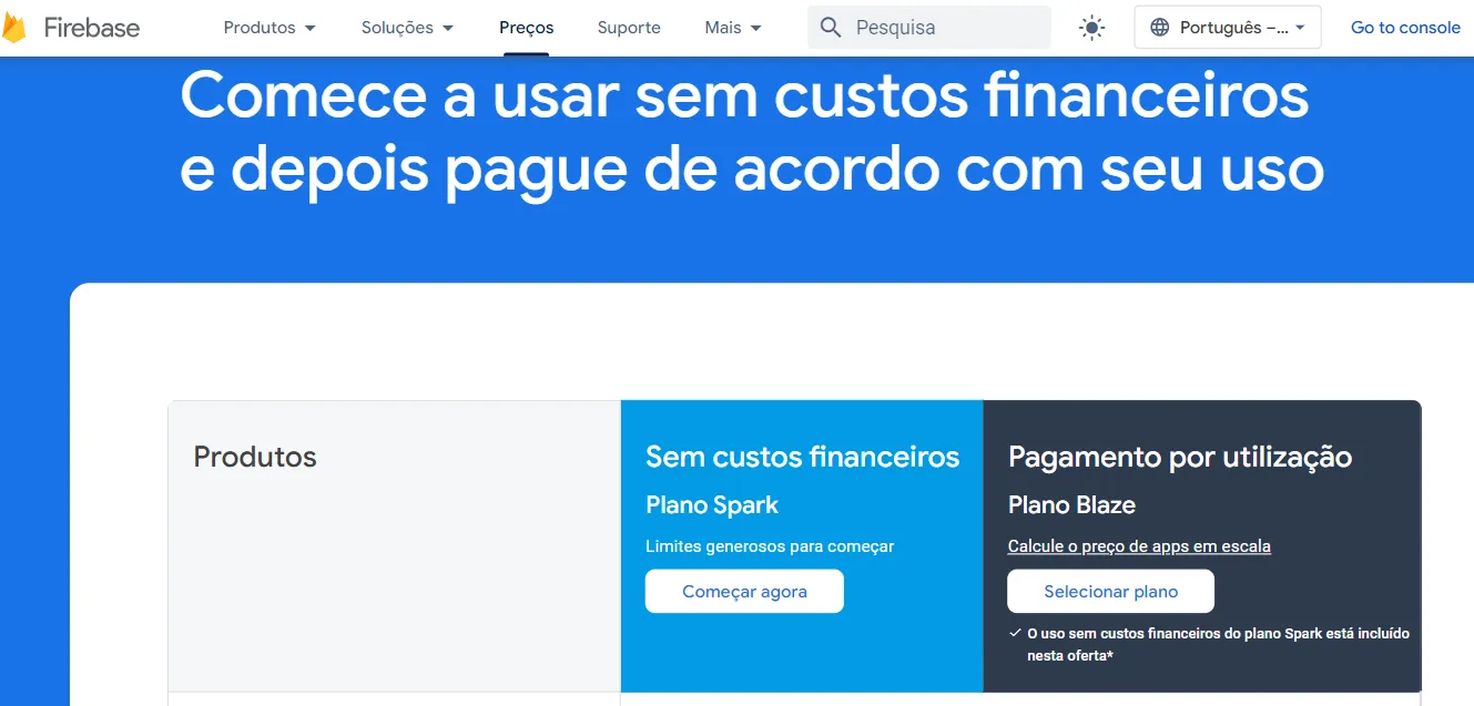 Valores e planos do Firebase.