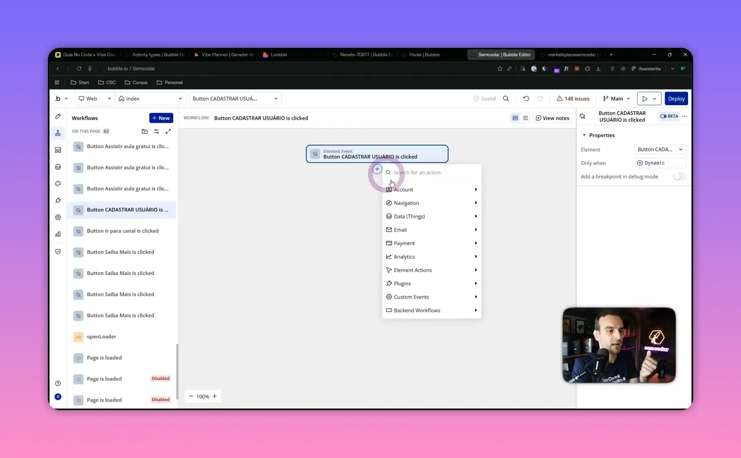 Menu de ações no editor de Workflows do Bubble